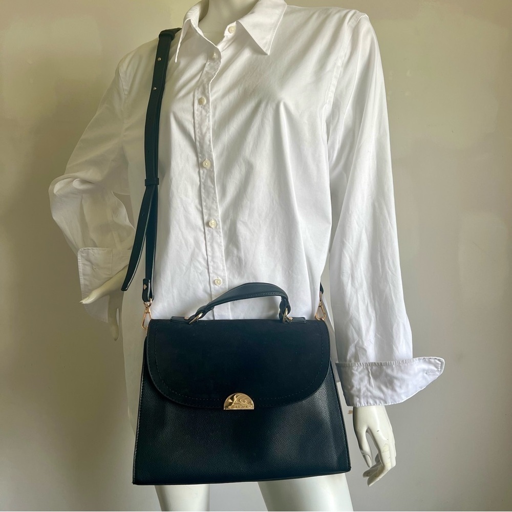 Elegant Black Faux Leather and Suede Handbag with Gold-look accents